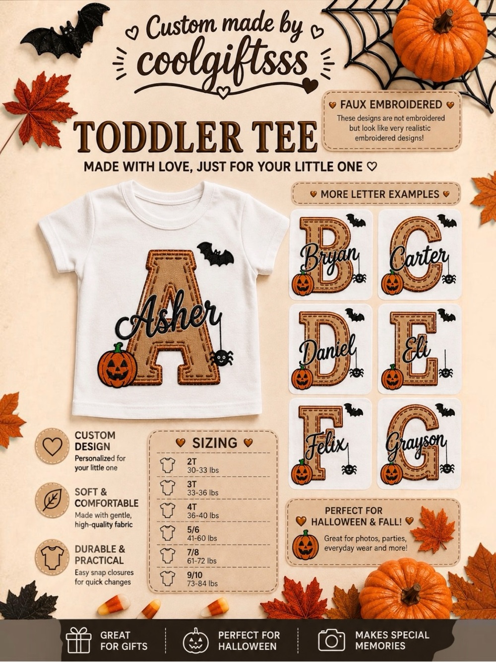 Toddler Halloween Monogram Name Tee White Personalized faux embroidery new
